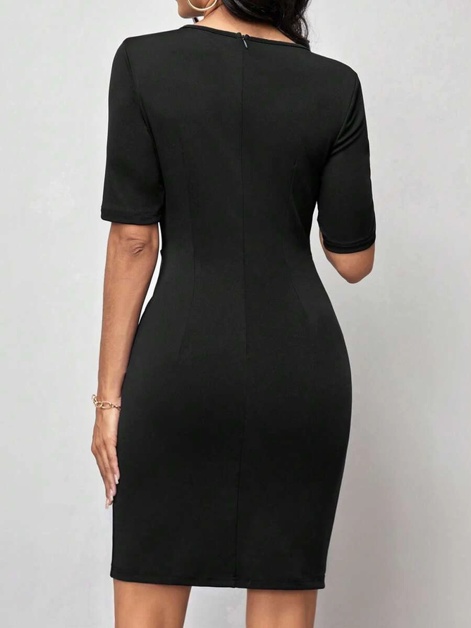 Crew Neck Loose Elegant Black Half Sleeve Sheath Solid Tulip Hem Fitted Dress