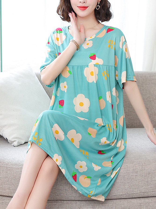 Loose Floral Crew Neck Casual Nightdress