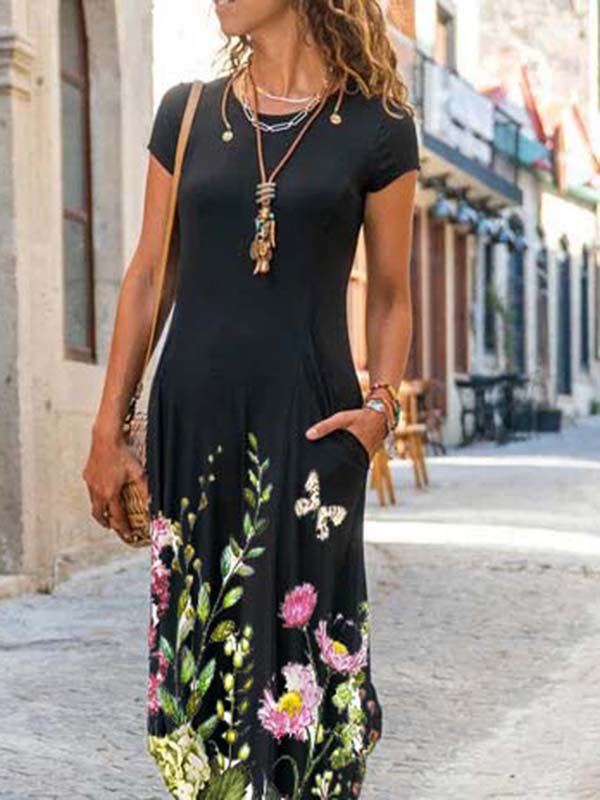 Cotton-Blend Short Sleeve Crew Neck Floral-Print Knitting Dress