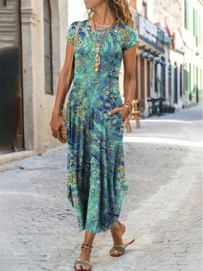 Round Neck Ombre Paisley Boho Vintage Midi Dress
