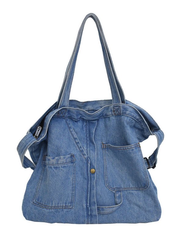 Casual Plain Denim Distressed Multi-Pocket Tote Shoulder Bag Everyday Urban
