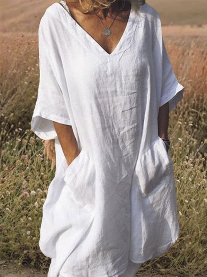 Plus Size Casual V Neck Half Sleeve Pockets Dresses